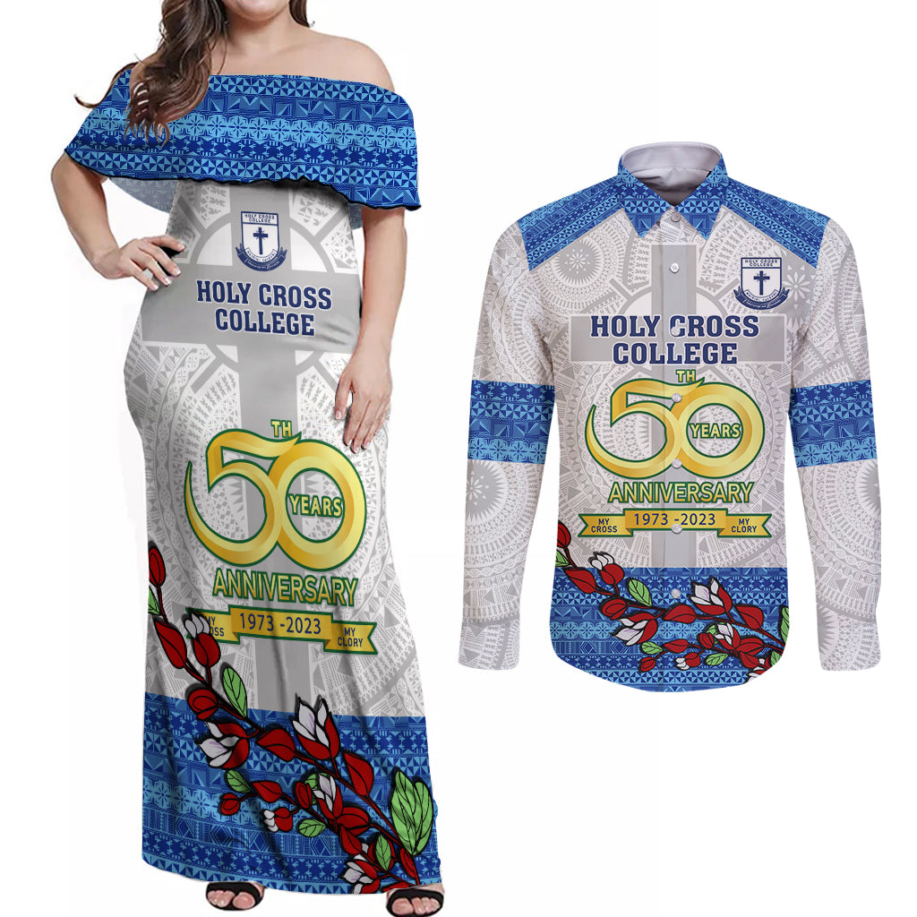 Fiji Holy Cross College Couples Matching Off Shoulder Maxi Dress and Long Sleeve Button Shirts Happy 50th Anniversary Fijian Tagimoucia Tapa Pattern LT14 White - Polynesian Pride