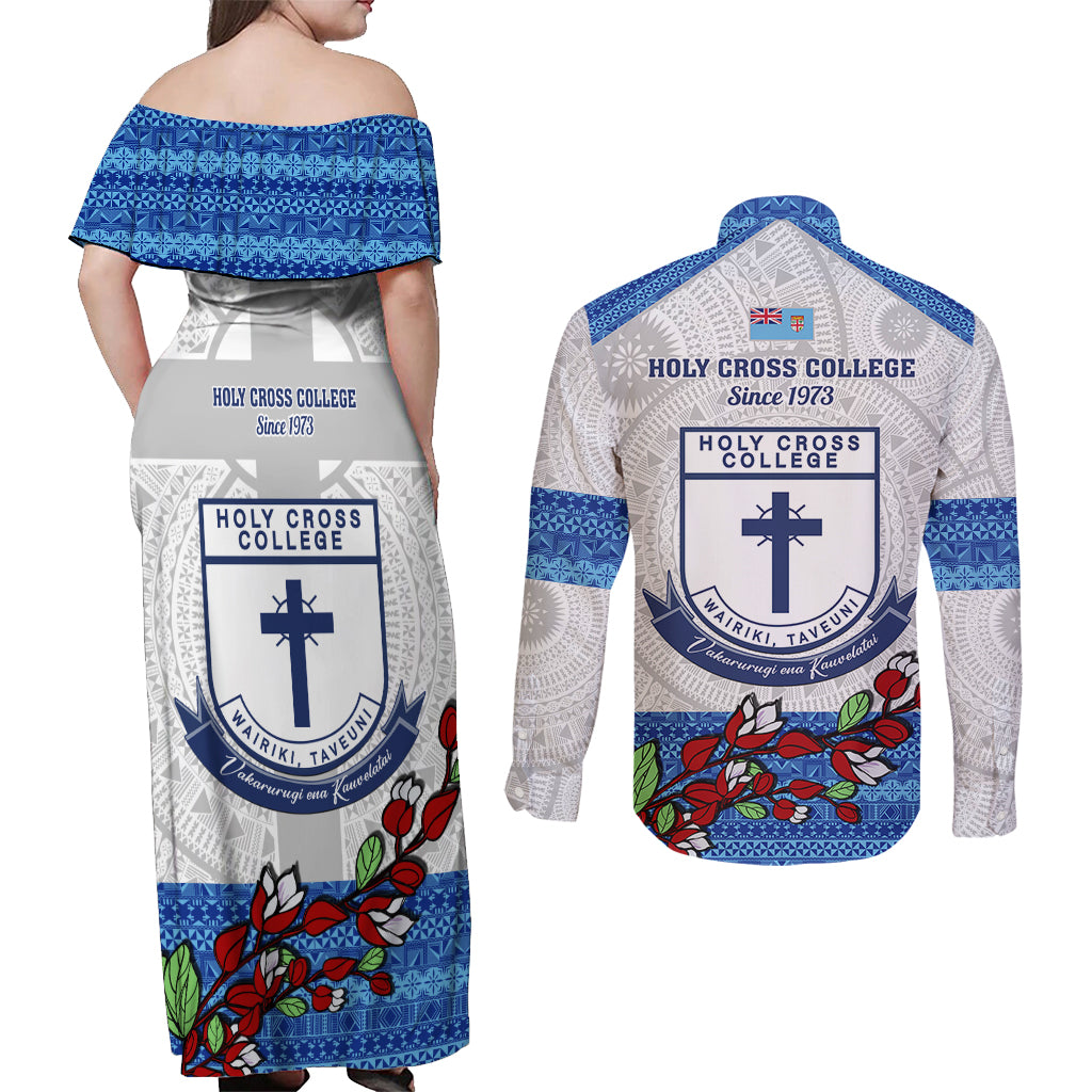Fiji Holy Cross College Couples Matching Off Shoulder Maxi Dress and Long Sleeve Button Shirts Happy 50th Anniversary Fijian Tagimoucia Tapa Pattern LT14 - Polynesian Pride