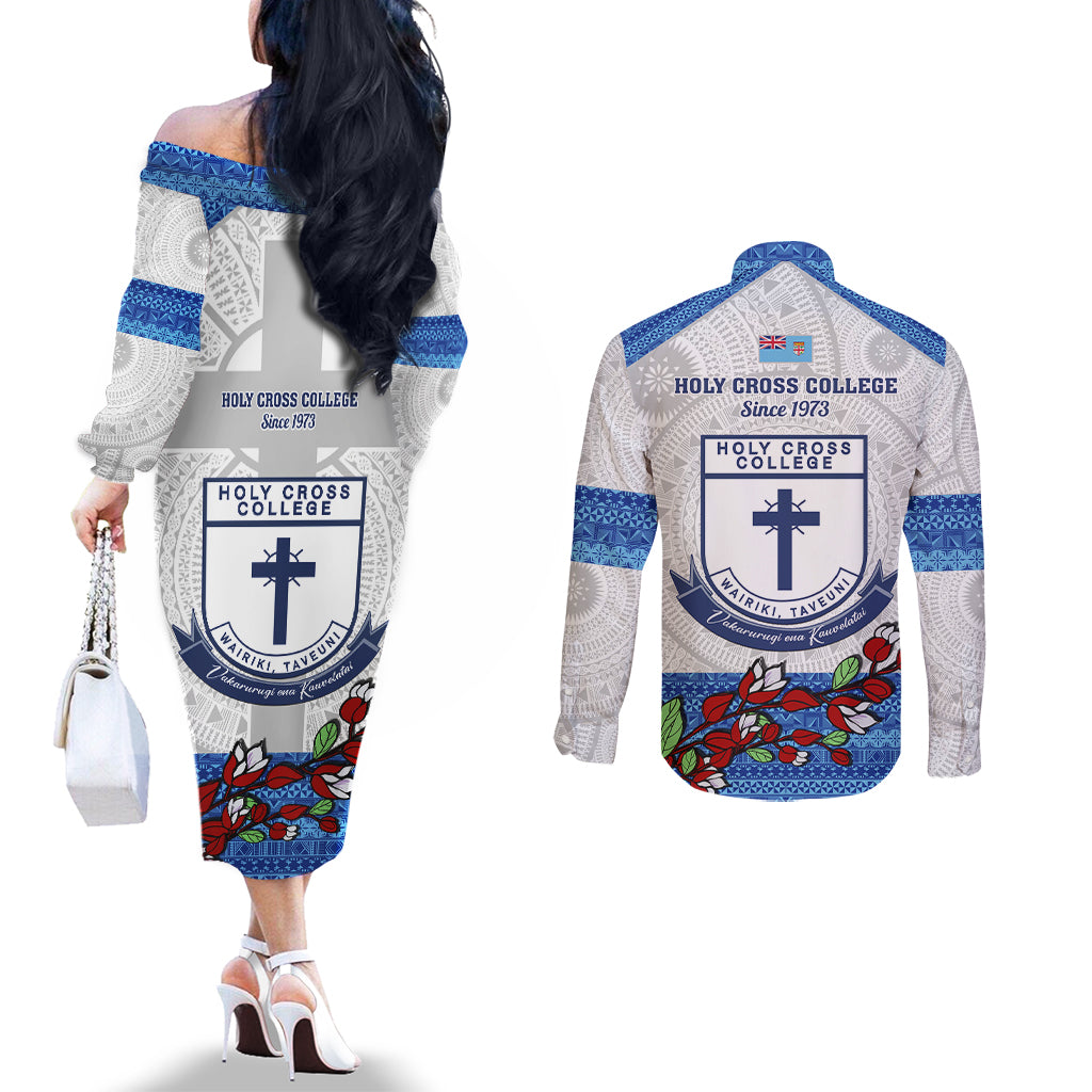 Fiji Holy Cross College Couples Matching Off The Shoulder Long Sleeve Dress and Long Sleeve Button Shirts Happy 50th Anniversary Fijian Tagimoucia Tapa Pattern LT14 - Polynesian Pride