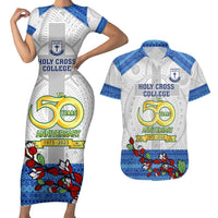 Fiji Holy Cross College Couples Matching Short Sleeve Bodycon Dress and Hawaiian Shirt Happy 50th Anniversary Fijian Tagimoucia Tapa Pattern LT14 White - Polynesian Pride