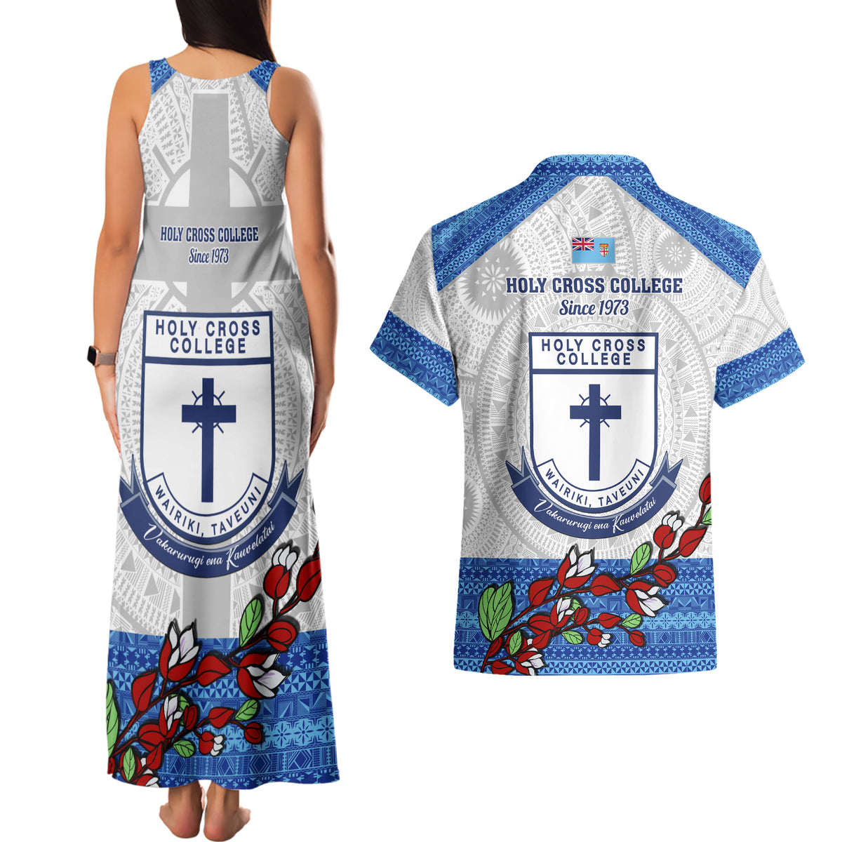 Fiji Holy Cross College Couples Matching Tank Maxi Dress and Hawaiian Shirt Happy 50th Anniversary Fijian Tagimoucia Tapa Pattern LT14 - Polynesian Pride