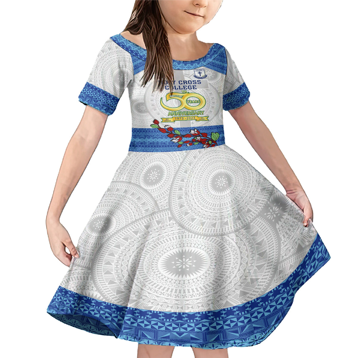 Fiji Holy Cross College Family Matching Mermaid Dress and Hawaiian Shirt Happy 50th Anniversary Fijian Tagimoucia Tapa Pattern LT14 Daughter's Dress White - Polynesian Pride