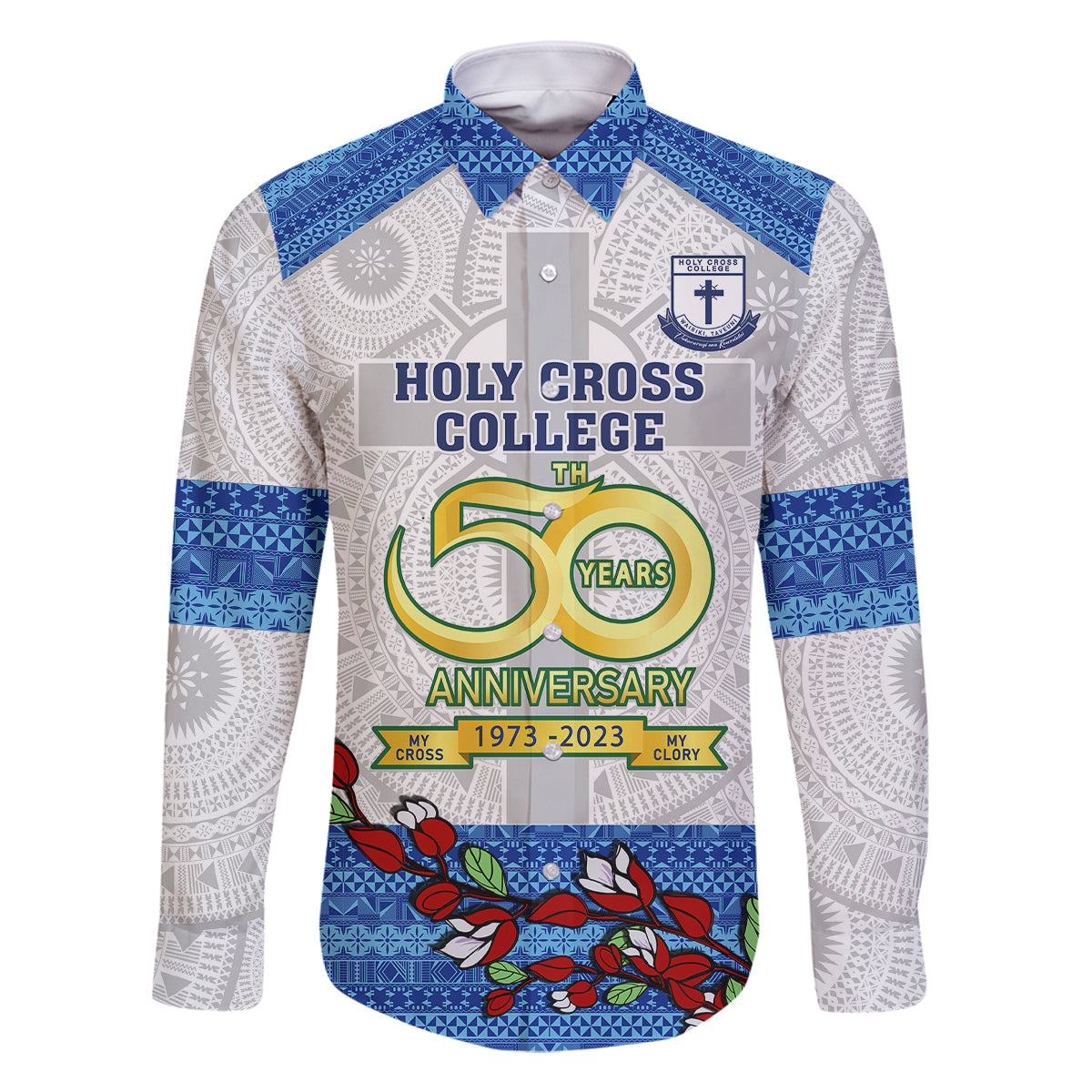 Fiji Holy Cross College Family Matching Mermaid Dress and Hawaiian Shirt Happy 50th Anniversary Fijian Tagimoucia Tapa Pattern LT14 Dad's Shirt - Long Sleeve White - Polynesian Pride