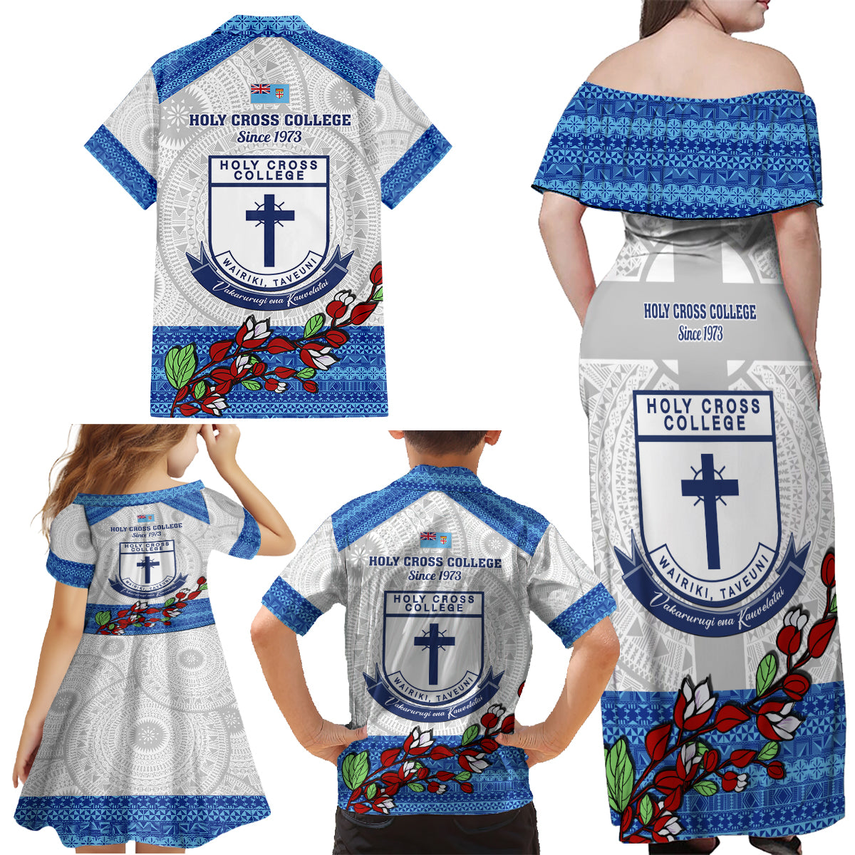 Fiji Holy Cross College Family Matching Off Shoulder Maxi Dress and Hawaiian Shirt Happy 50th Anniversary Fijian Tagimoucia Tapa Pattern LT14 - Polynesian Pride