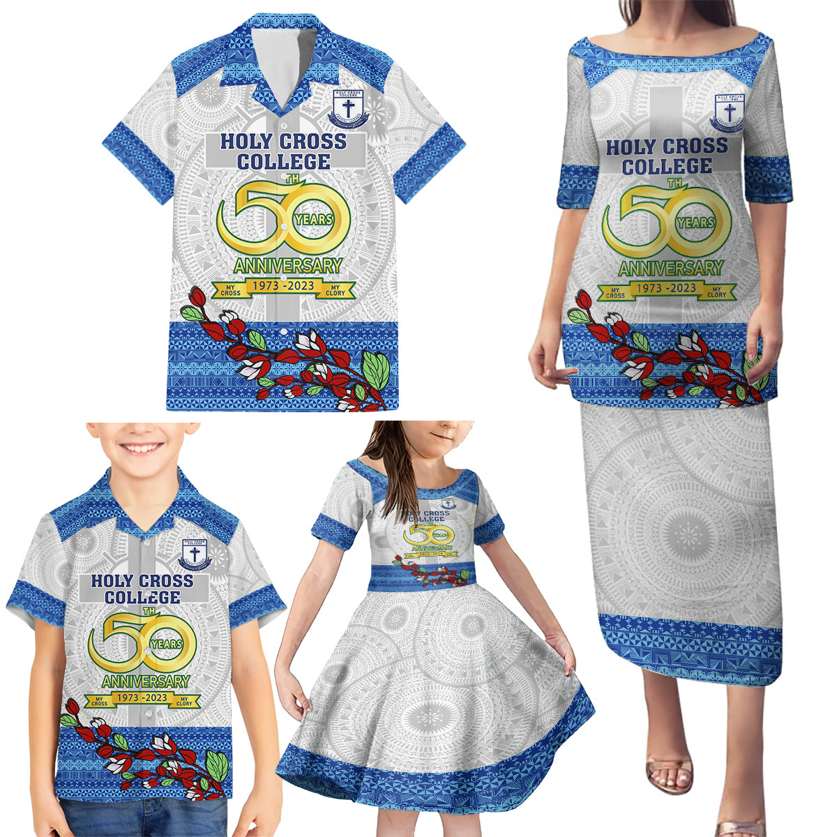 Fiji Holy Cross College Family Matching Puletasi Dress and Hawaiian Shirt Happy 50th Anniversary Fijian Tagimoucia Tapa Pattern LT14 - Polynesian Pride