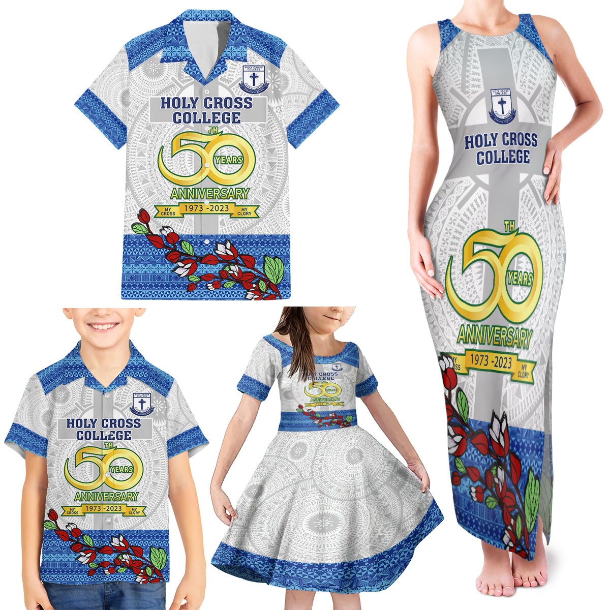 Fiji Holy Cross College Family Matching Tank Maxi Dress and Hawaiian Shirt Happy 50th Anniversary Fijian Tagimoucia Tapa Pattern LT14 - Polynesian Pride