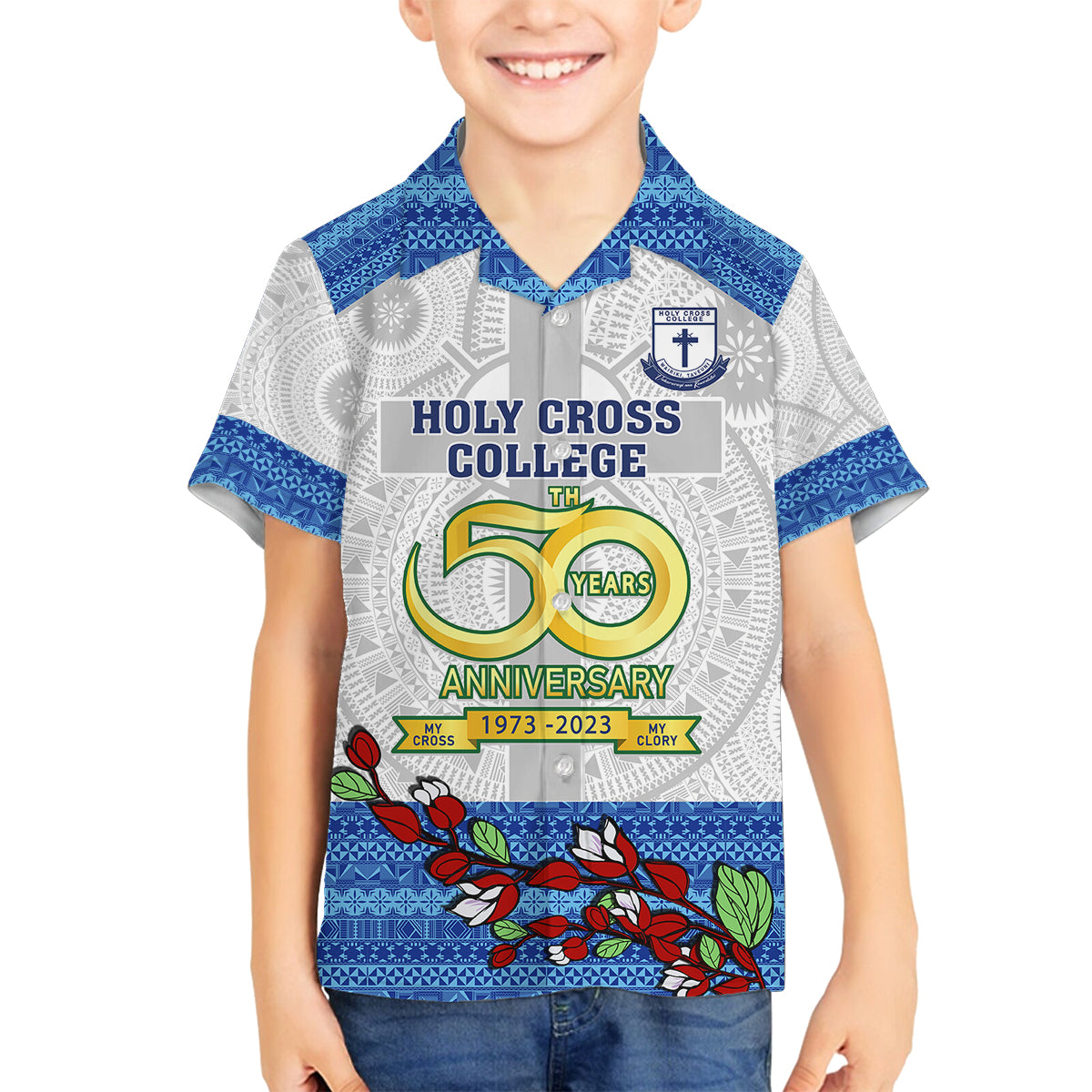 Fiji Holy Cross College Family Matching Tank Maxi Dress and Hawaiian Shirt Happy 50th Anniversary Fijian Tagimoucia Tapa Pattern LT14 Son's Shirt White - Polynesian Pride