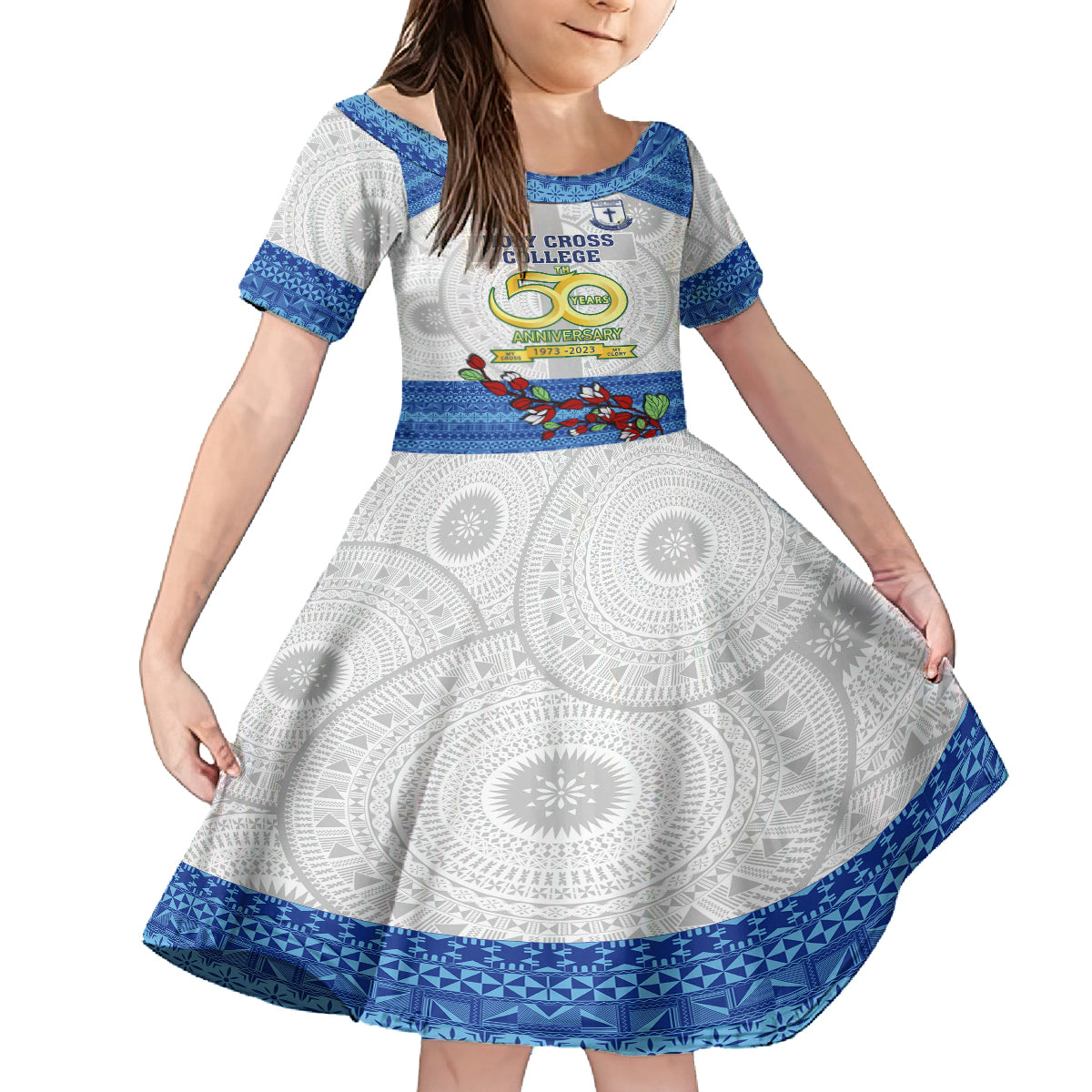 Fiji Holy Cross College Kid Short Sleeve Dress Happy 50th Anniversary Fijian Tagimoucia Tapa Pattern LT14 KID White - Polynesian Pride