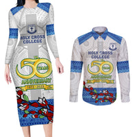 Personalised Fiji Holy Cross College Couples Matching Long Sleeve Bodycon Dress and Long Sleeve Button Shirts Happy 50th Anniversary Fijian Tagimoucia Tapa Pattern LT14 White - Polynesian Pride