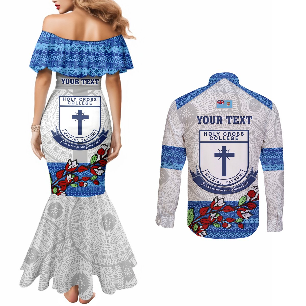 Personalised Fiji Holy Cross College Couples Matching Mermaid Dress and Long Sleeve Button Shirts Happy 50th Anniversary Fijian Tagimoucia Tapa Pattern LT14 - Polynesian Pride