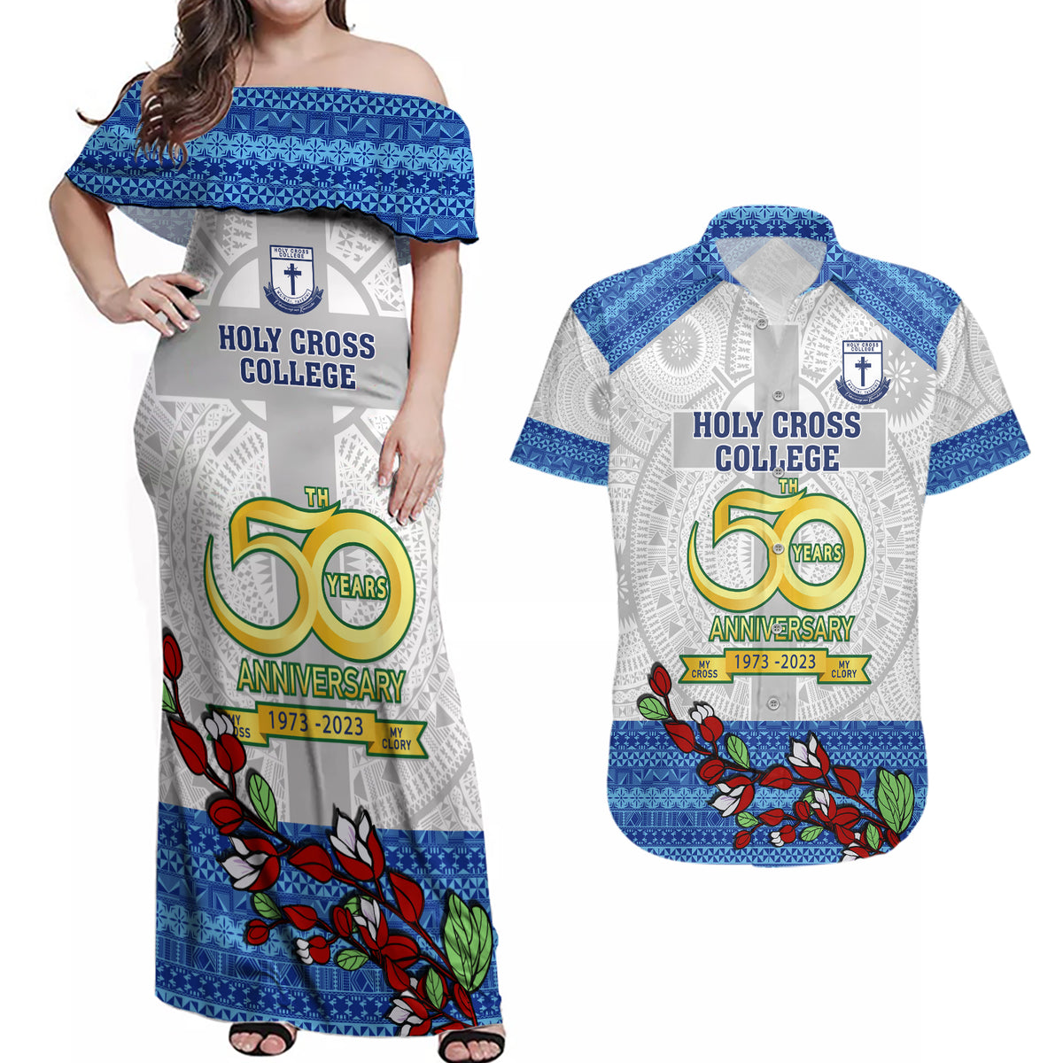 Personalised Fiji Holy Cross College Couples Matching Off Shoulder Maxi Dress and Hawaiian Shirt Happy 50th Anniversary Fijian Tagimoucia Tapa Pattern LT14 White - Polynesian Pride