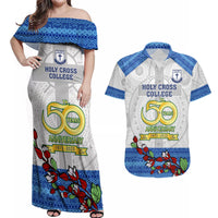 Personalised Fiji Holy Cross College Couples Matching Off Shoulder Maxi Dress and Hawaiian Shirt Happy 50th Anniversary Fijian Tagimoucia Tapa Pattern LT14 White - Polynesian Pride