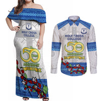 Personalised Fiji Holy Cross College Couples Matching Off Shoulder Maxi Dress and Long Sleeve Button Shirts Happy 50th Anniversary Fijian Tagimoucia Tapa Pattern LT14 White - Polynesian Pride
