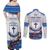 Personalised Fiji Holy Cross College Couples Matching Off Shoulder Maxi Dress and Long Sleeve Button Shirts Happy 50th Anniversary Fijian Tagimoucia Tapa Pattern LT14 - Polynesian Pride
