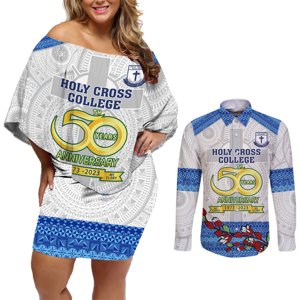 Personalised Fiji Holy Cross College Couples Matching Off Shoulder Short Dress and Long Sleeve Button Shirts Happy 50th Anniversary Fijian Tagimoucia Tapa Pattern LT14 White - Polynesian Pride