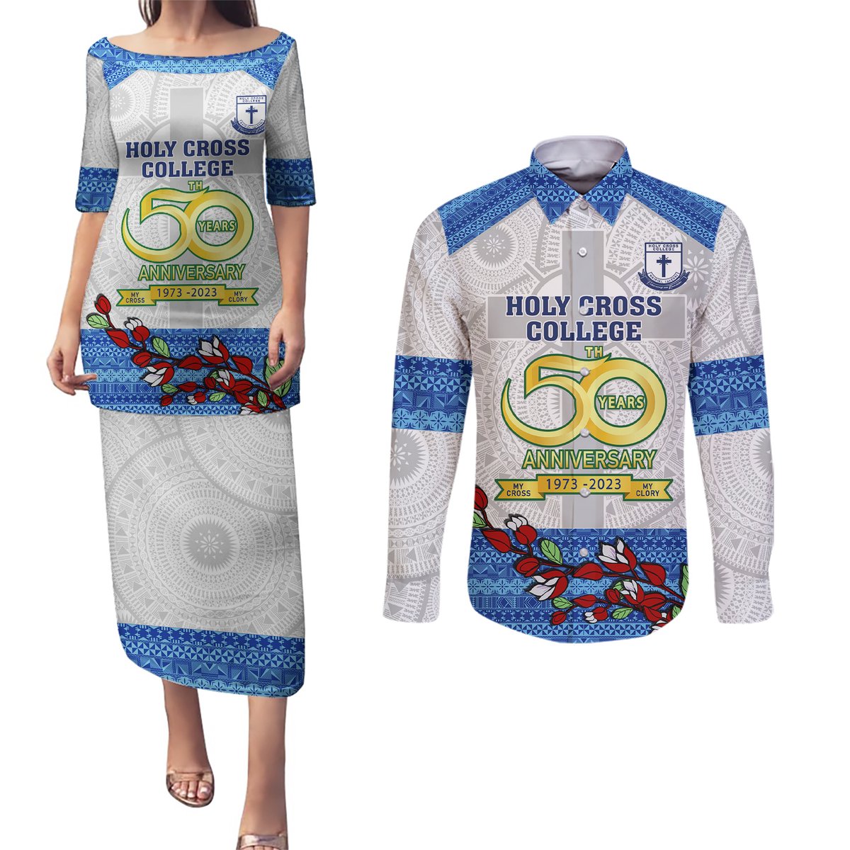 Personalised Fiji Holy Cross College Couples Matching Puletasi Dress and Long Sleeve Button Shirts Happy 50th Anniversary Fijian Tagimoucia Tapa Pattern LT14 White - Polynesian Pride