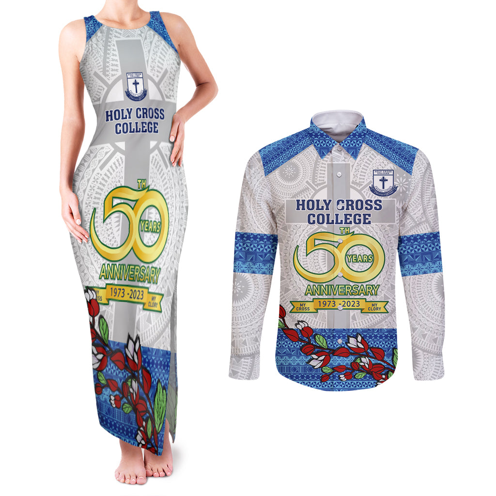 Personalised Fiji Holy Cross College Couples Matching Tank Maxi Dress and Long Sleeve Button Shirts Happy 50th Anniversary Fijian Tagimoucia Tapa Pattern LT14 White - Polynesian Pride