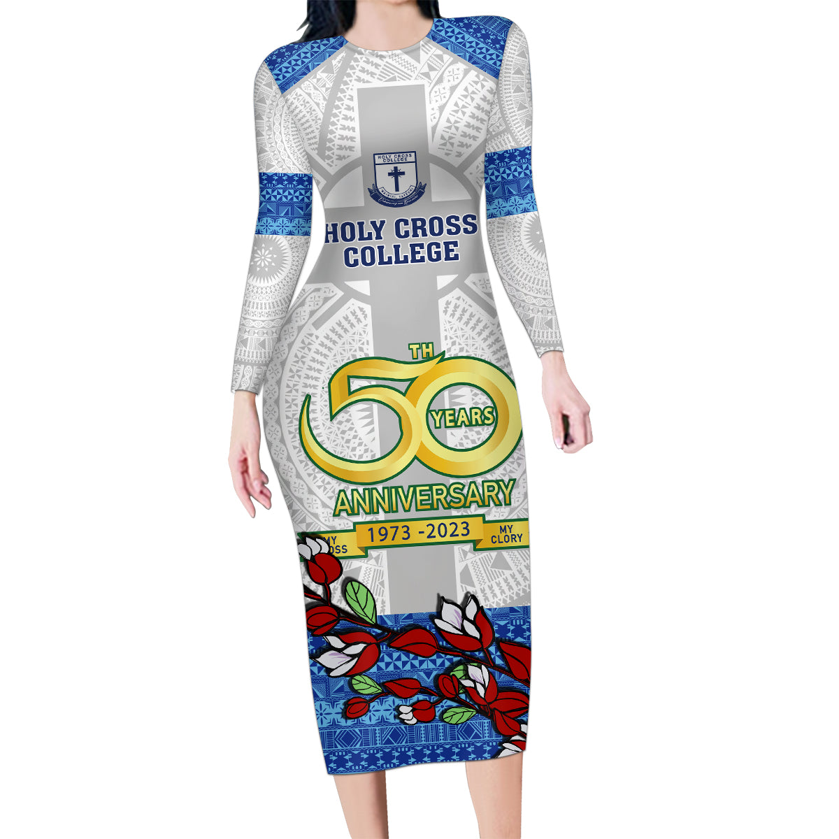 Personalised Fiji Holy Cross College Family Matching Long Sleeve Bodycon Dress and Hawaiian Shirt Happy 50th Anniversary Fijian Tagimoucia Tapa Pattern LT14 Mom's Dress White - Polynesian Pride