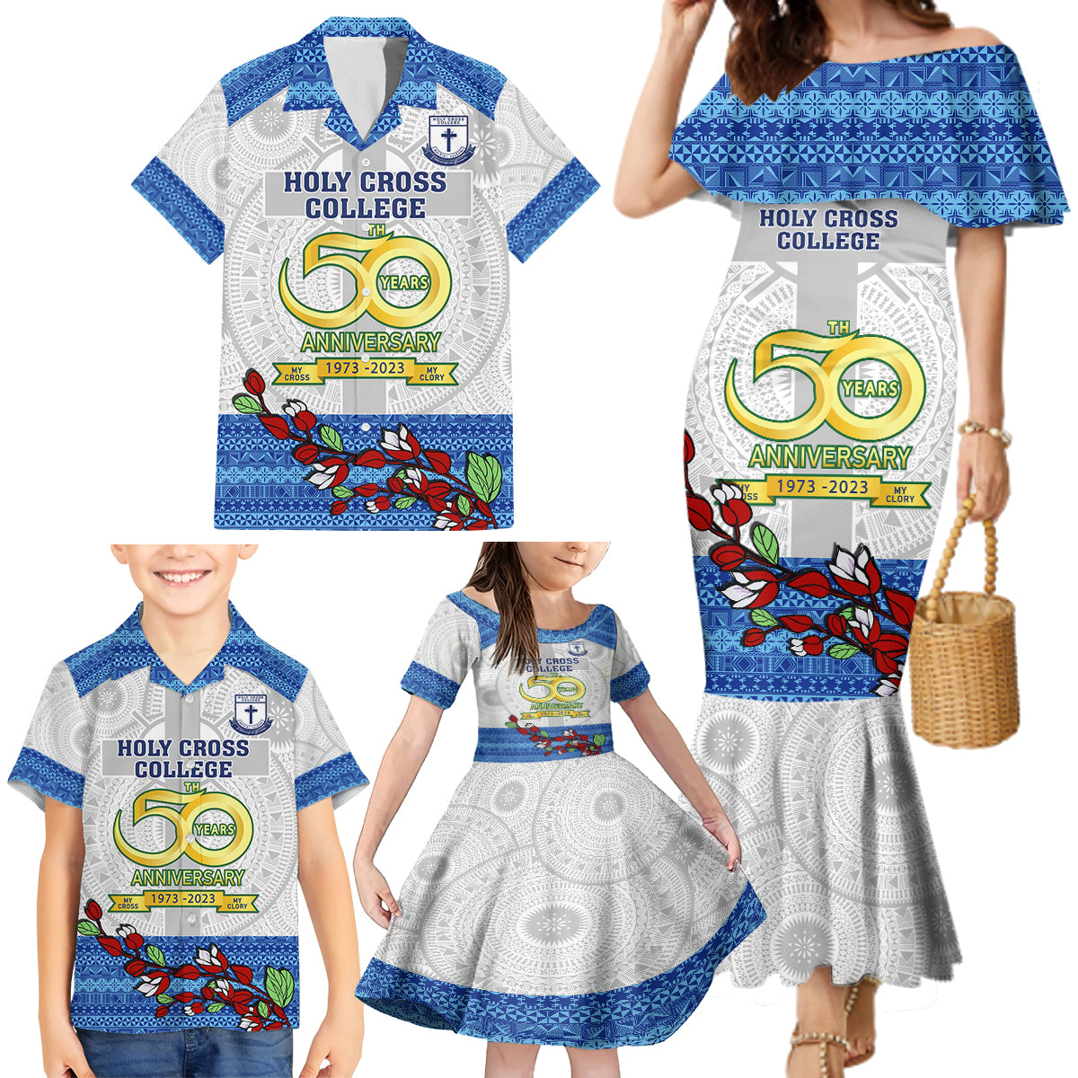 Personalised Fiji Holy Cross College Family Matching Mermaid Dress and Hawaiian Shirt Happy 50th Anniversary Fijian Tagimoucia Tapa Pattern LT14 - Polynesian Pride