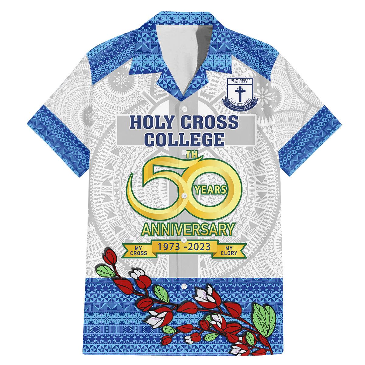 Personalised Fiji Holy Cross College Family Matching Mermaid Dress and Hawaiian Shirt Happy 50th Anniversary Fijian Tagimoucia Tapa Pattern LT14 Dad's Shirt - Short Sleeve White - Polynesian Pride