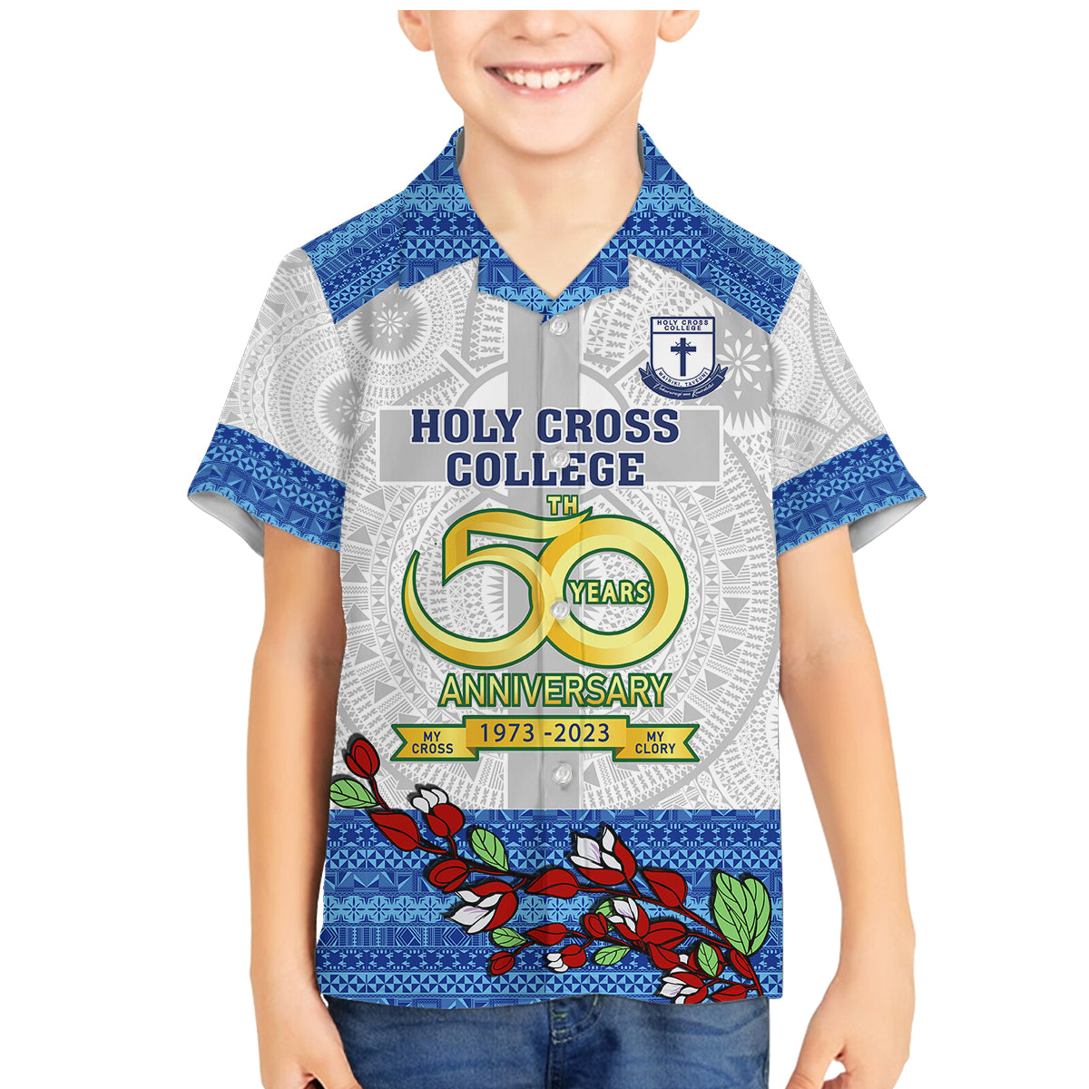 Personalised Fiji Holy Cross College Family Matching Mermaid Dress and Hawaiian Shirt Happy 50th Anniversary Fijian Tagimoucia Tapa Pattern LT14 Son's Shirt White - Polynesian Pride