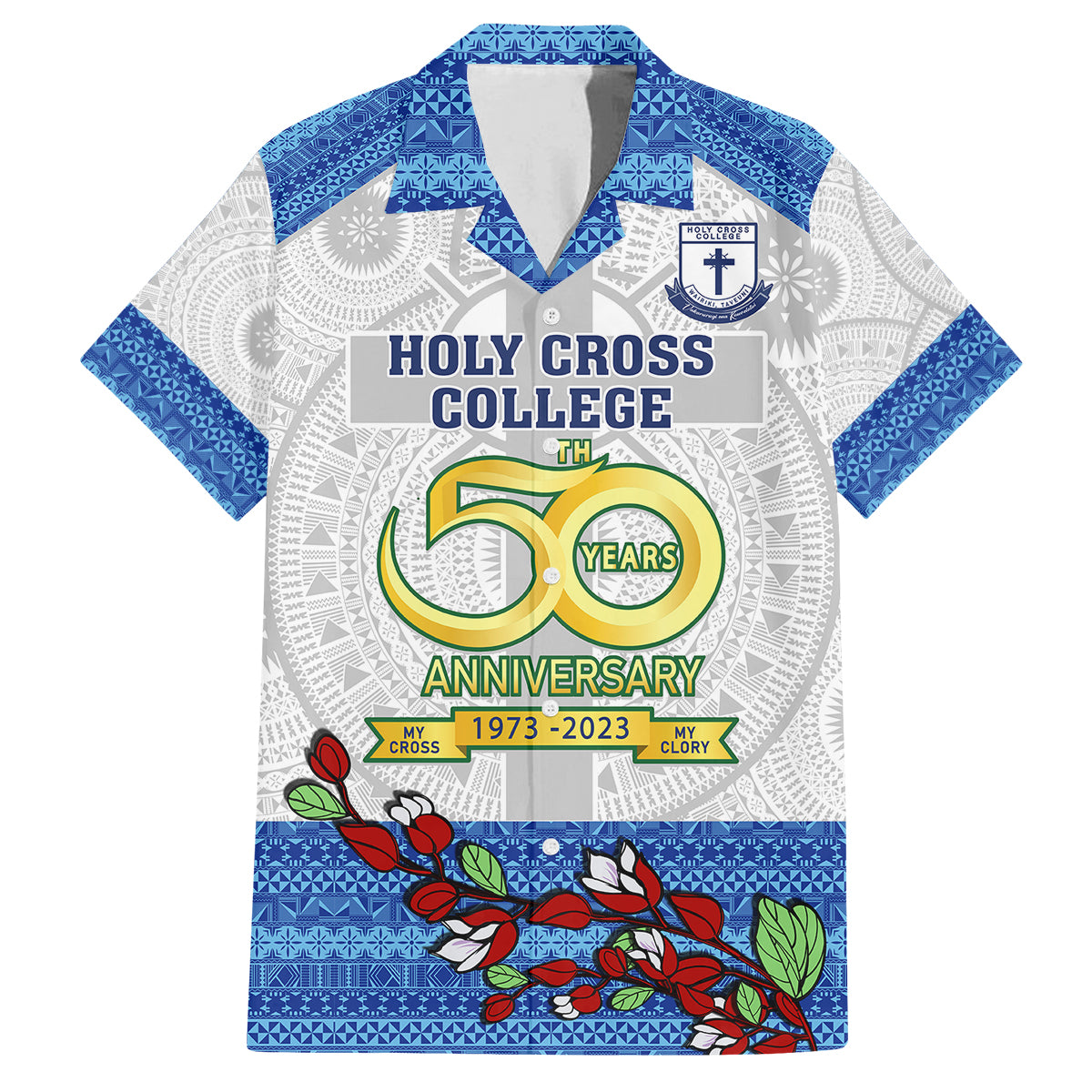 personalised-fiji-holy-cross-college-family-matching-summer-maxi-dress-and-hawaiian-shirt-happy-50th-anniversary-fijian-tagimoucia-tapa-pattern