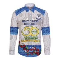 Personalised Fiji Holy Cross College Long Sleeve Button Shirt Happy 50th Anniversary Fijian Tagimoucia Tapa Pattern LT14 Unisex White - Polynesian Pride