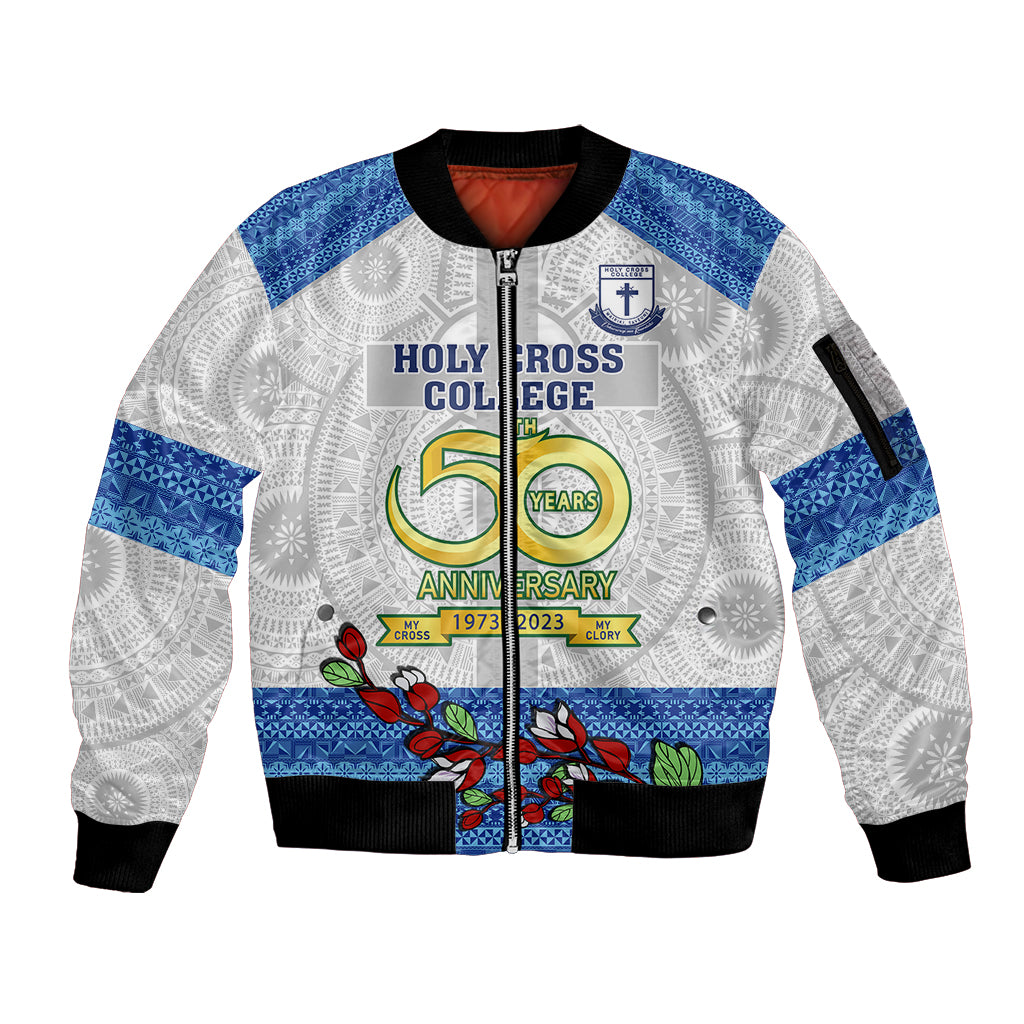 personalised-fiji-holy-cross-college-sleeve-zip-bomber-jacket-happy-50th-anniversary-fijian-tagimoucia-tapa-pattern