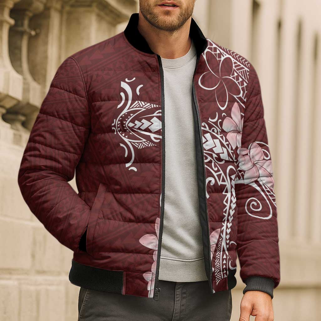 Oxblood Hawaii Bomber Puffer Jacket Hammerhead Shark Tattoo Curve Polynesian - Polynesian Pride