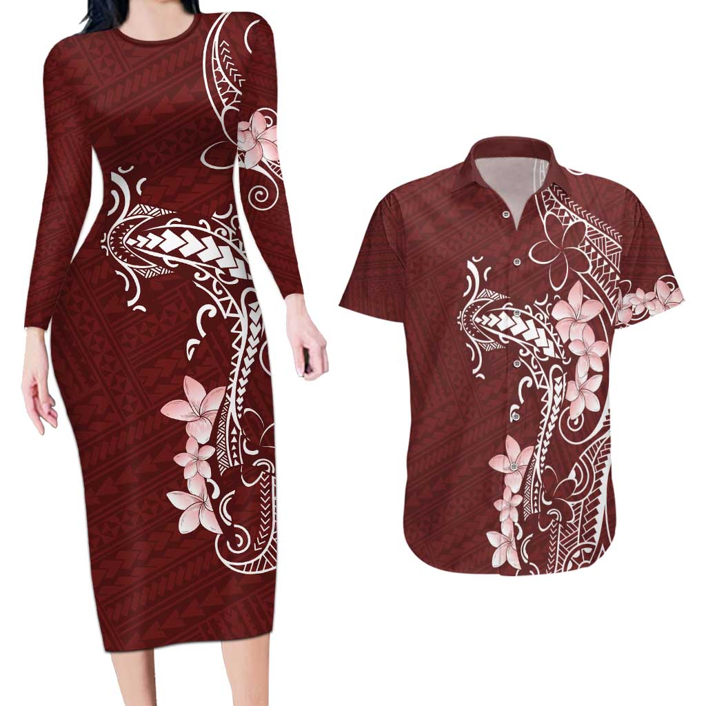 Oxblood Hawaii Couples Matching Long Sleeve Bodycon Dress and Hawaiian Shirt Hammerhead Shark Tattoo Curve Polynesian LT14 Oxblood - Polynesian Pride