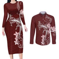 Oxblood Hawaii Couples Matching Long Sleeve Bodycon Dress and Long Sleeve Button Shirt Hammerhead Shark Tattoo Curve Polynesian - Polynesian Pride