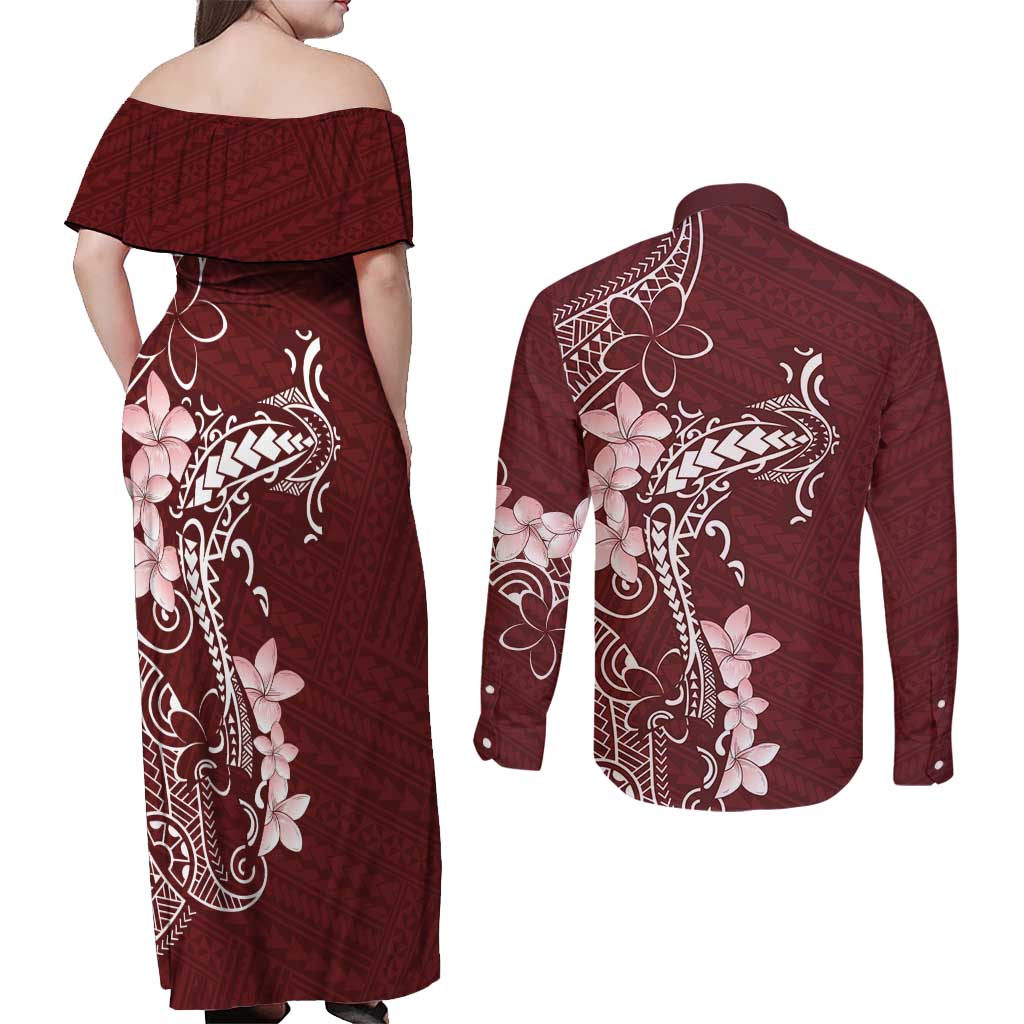 Oxblood Hawaii Couples Matching Off Shoulder Maxi Dress and Long Sleeve Button Shirt Hammerhead Shark Tattoo Curve Polynesian - Polynesian Pride
