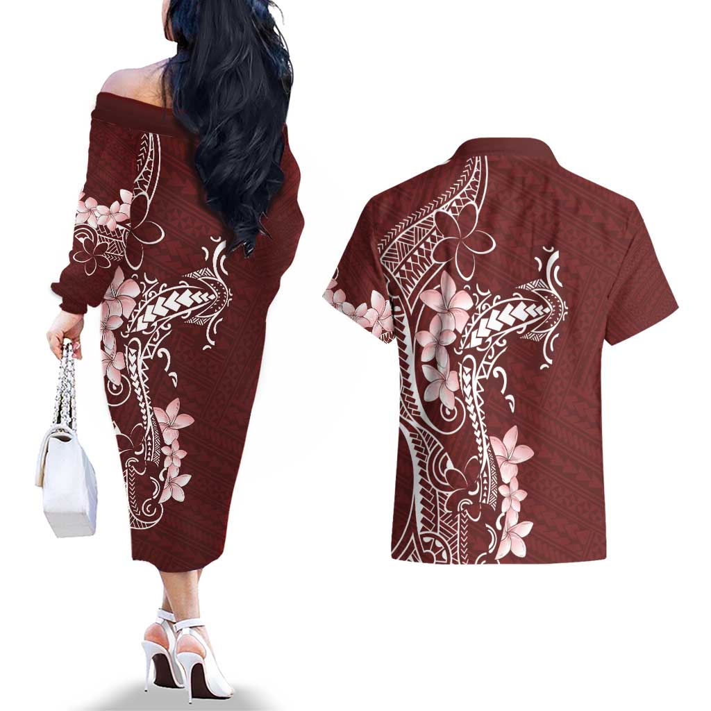 Oxblood Hawaii Couples Matching Off The Shoulder Long Sleeve Dress and Hawaiian Shirt Hammerhead Shark Tattoo Curve Polynesian LT14 - Polynesian Pride