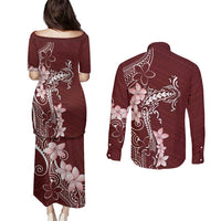 Oxblood Hawaii Couples Matching Puletasi and Long Sleeve Button Shirt Hammerhead Shark Tattoo Curve Polynesian - Polynesian Pride