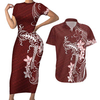 Oxblood Hawaii Couples Matching Short Sleeve Bodycon Dress and Hawaiian Shirt Hammerhead Shark Tattoo Curve Polynesian LT14 Oxblood - Polynesian Pride