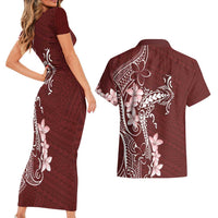 Oxblood Hawaii Couples Matching Short Sleeve Bodycon Dress and Hawaiian Shirt Hammerhead Shark Tattoo Curve Polynesian LT14 - Polynesian Pride