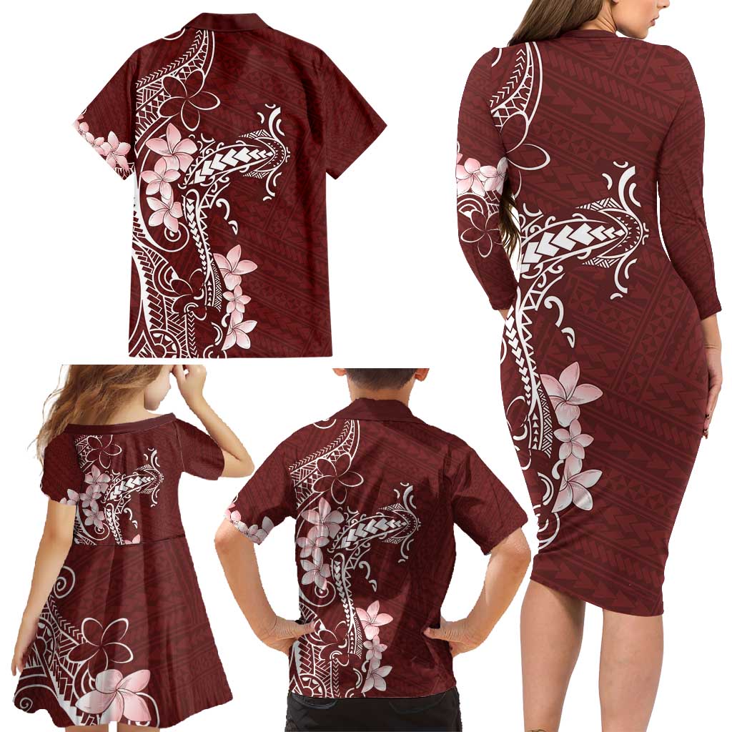 Oxblood Hawaii Family Matching Long Sleeve Bodycon Dress and Hawaiian Shirt Hammerhead Shark Tattoo Curve Polynesian - Polynesian Pride