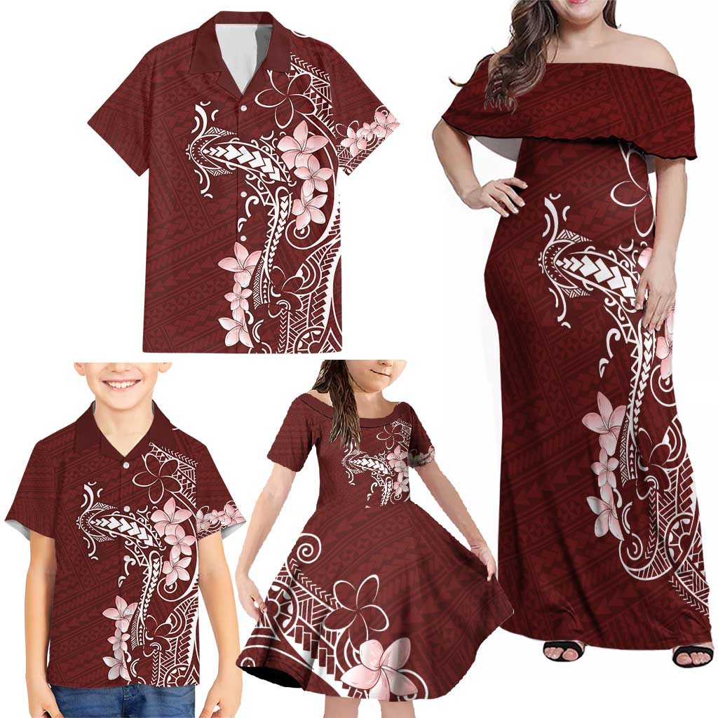 Oxblood Hawaii Family Matching Off Shoulder Maxi Dress and Hawaiian Shirt Hammerhead Shark Tattoo Curve Polynesian - Polynesian Pride