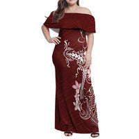 Oxblood Hawaii Family Matching Off Shoulder Maxi Dress and Hawaiian Shirt Hammerhead Shark Tattoo Curve Polynesian - Polynesian Pride