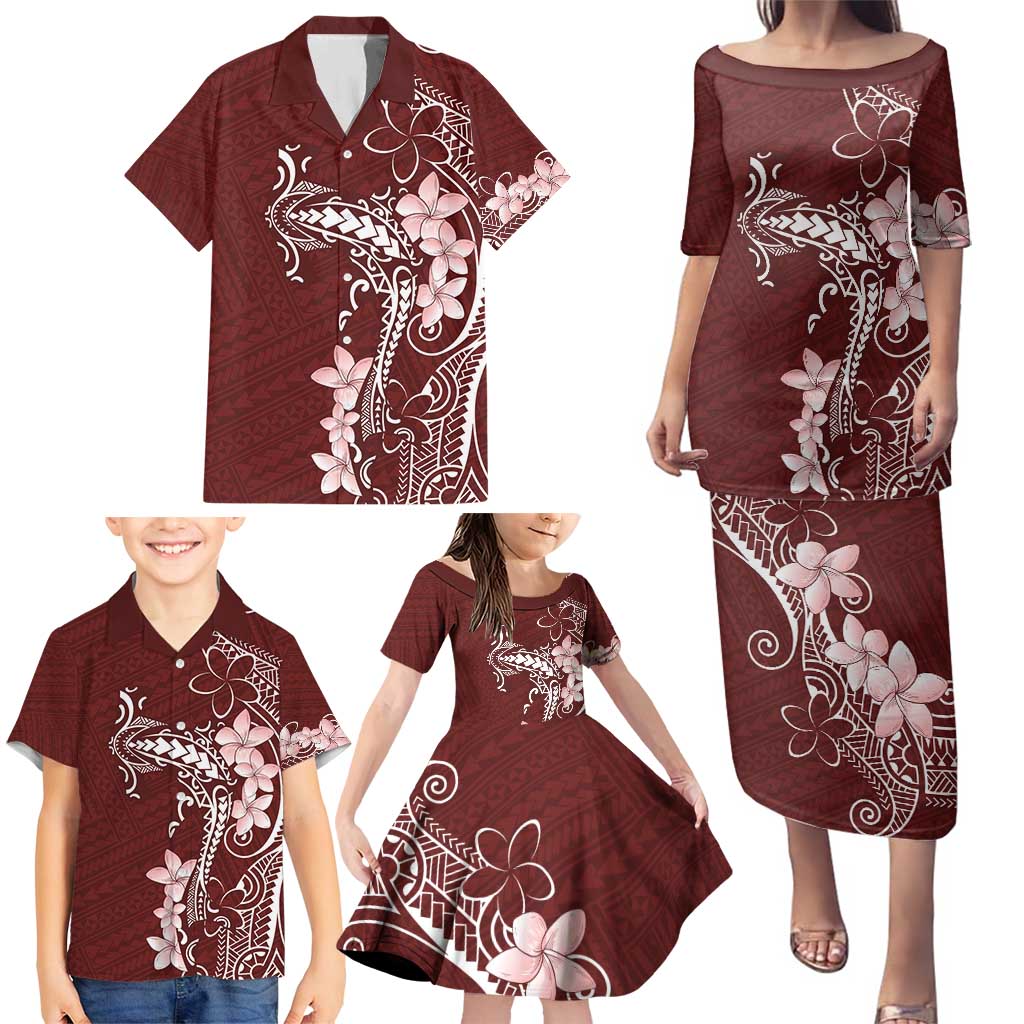 Oxblood Hawaii Family Matching Puletasi and Hawaiian Shirt Hammerhead Shark Tattoo Curve Polynesian - Polynesian Pride