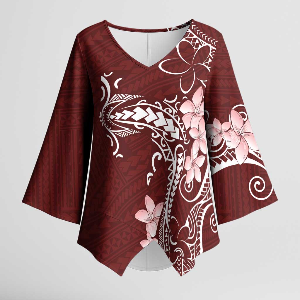 Oxblood Hawaii Kimono Sleeve Blouse Hammerhead Shark Tattoo Curve Polynesian - Polynesian Pride