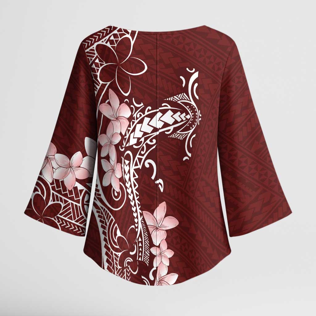 Oxblood Hawaii Kimono Sleeve Blouse Hammerhead Shark Tattoo Curve Polynesian - Polynesian Pride