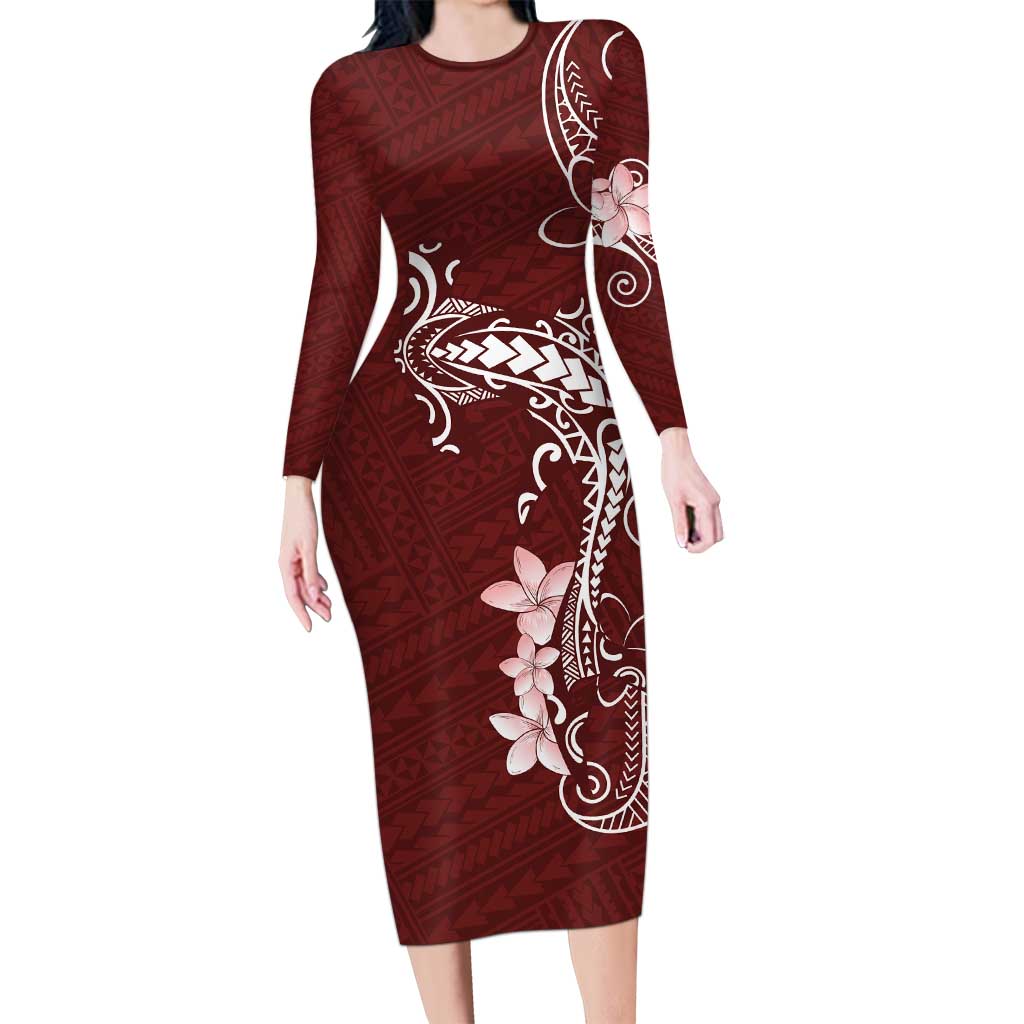 Oxblood Hawaii Long Sleeve Bodycon Dress Hammerhead Shark Tattoo Curve Polynesian - Polynesian Pride