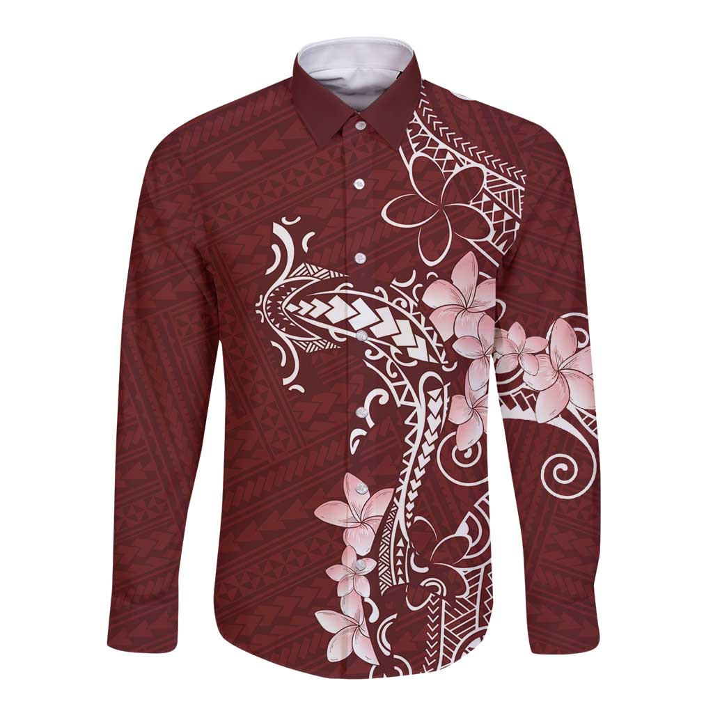 Oxblood Hawaii Long Sleeve Button Shirt Hammerhead Shark Tattoo Curve Polynesian - Polynesian Pride