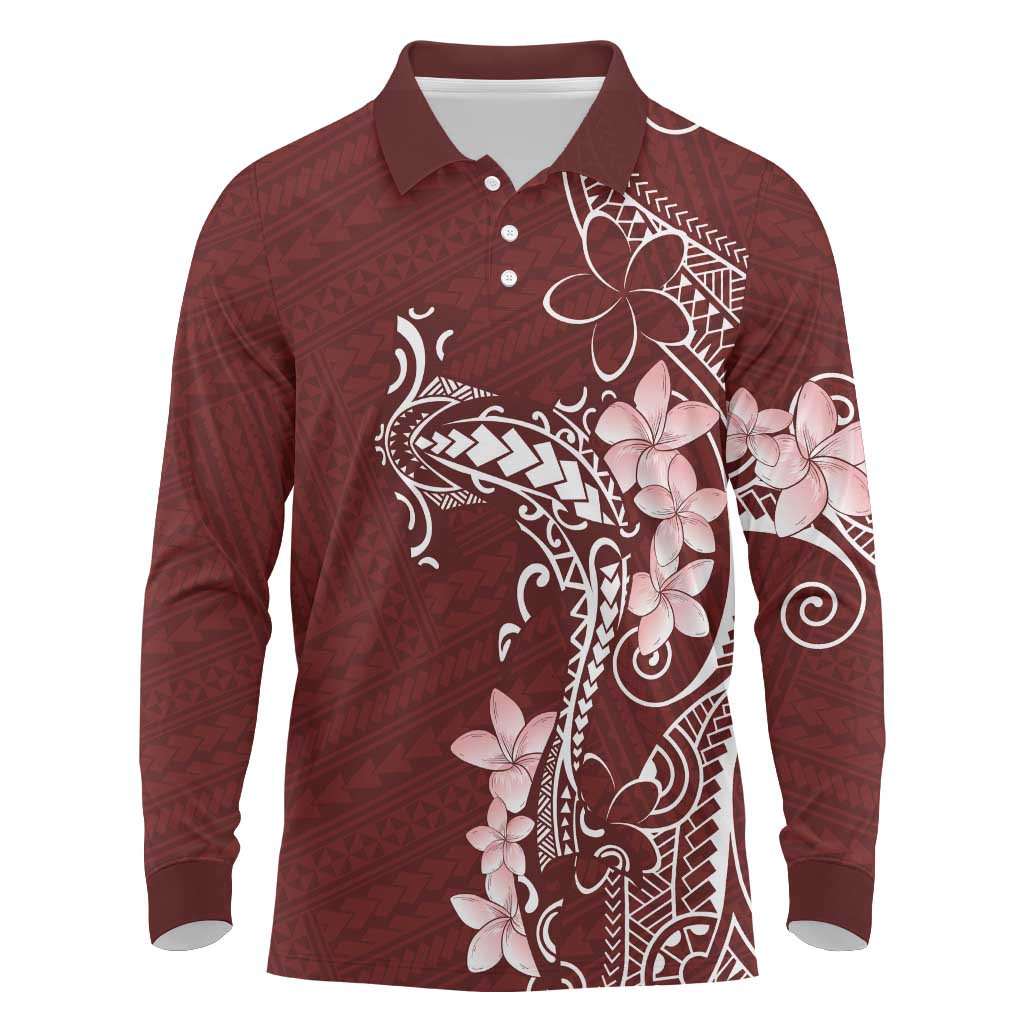 Oxblood Hawaii Long Sleeve Polo Shirt Hammerhead Shark Tattoo Curve Polynesian - Polynesian Pride