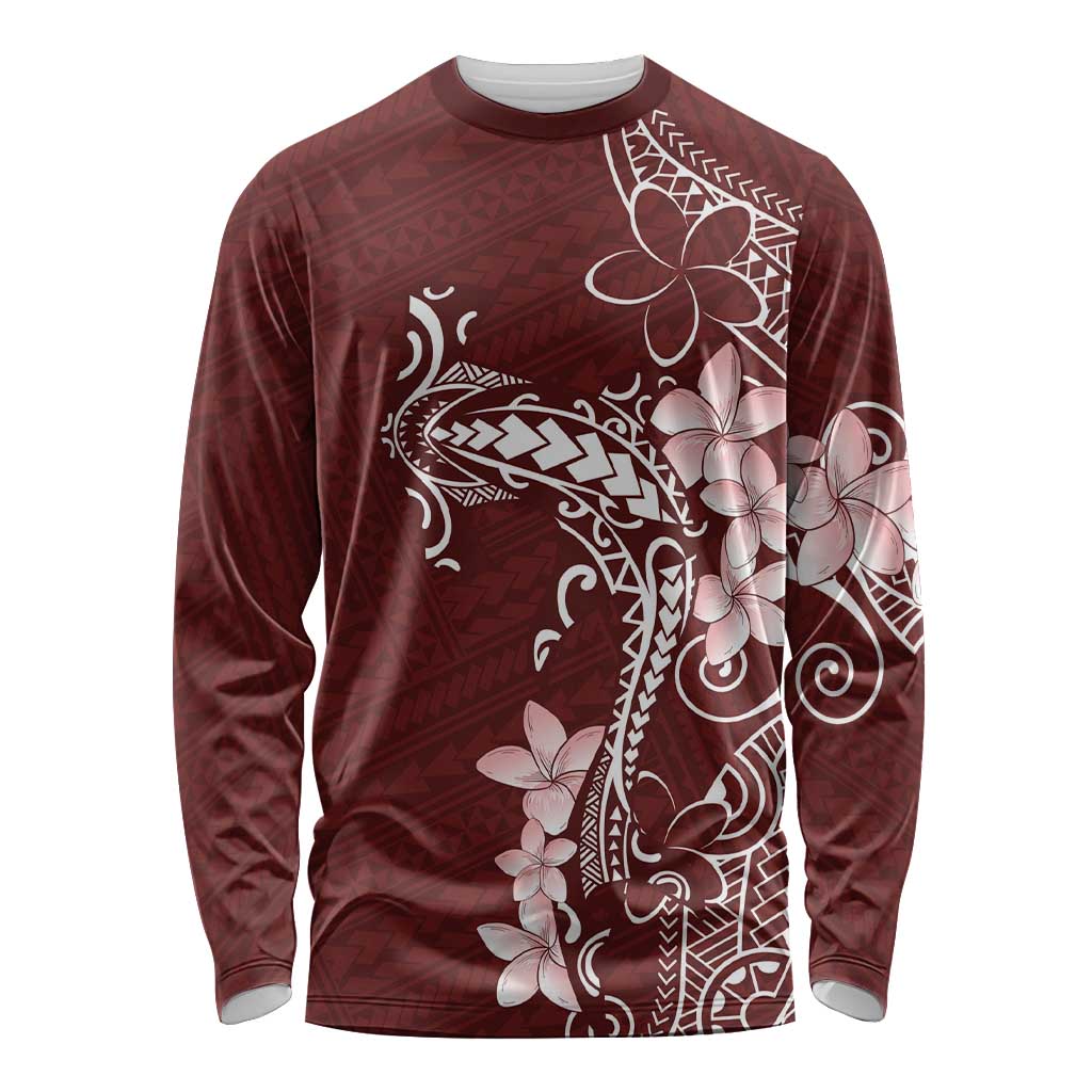 Oxblood Hawaii Long Sleeve Shirt Hammerhead Shark Tattoo Curve Polynesian - Polynesian Pride
