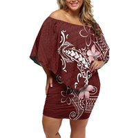 Oxblood Hawaii Off Shoulder Short Dress Hammerhead Shark Tattoo Curve Polynesian - Polynesian Pride