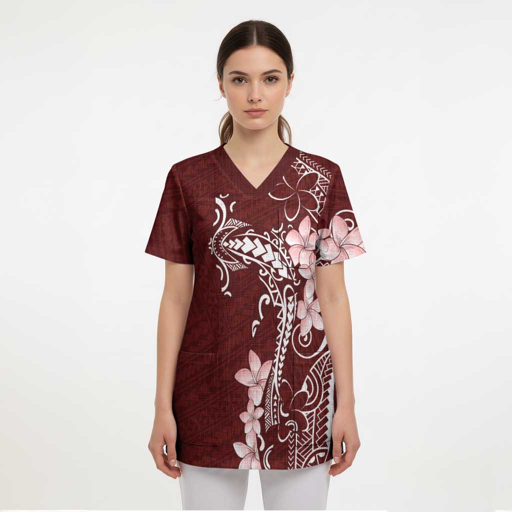 Oxblood Hawaii Scrub Top Hammerhead Shark Tattoo Curve Polynesian - Polynesian Pride