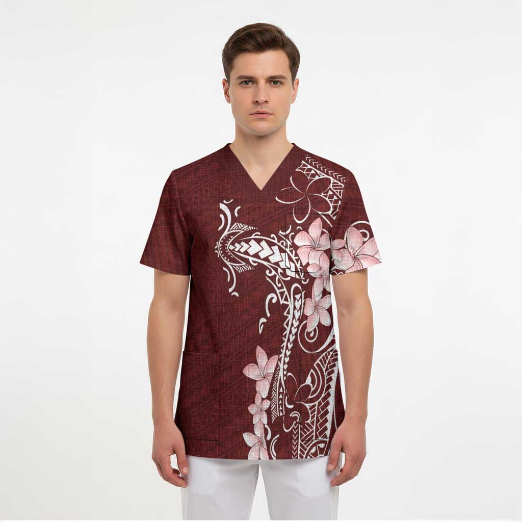 Oxblood Hawaii Scrub Top Hammerhead Shark Tattoo Curve Polynesian - Polynesian Pride