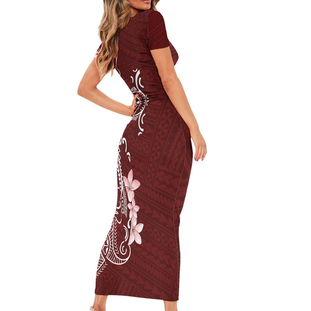Oxblood Hawaii Short Sleeve Bodycon Dress Hammerhead Shark Tattoo Curve Polynesian - Polynesian Pride